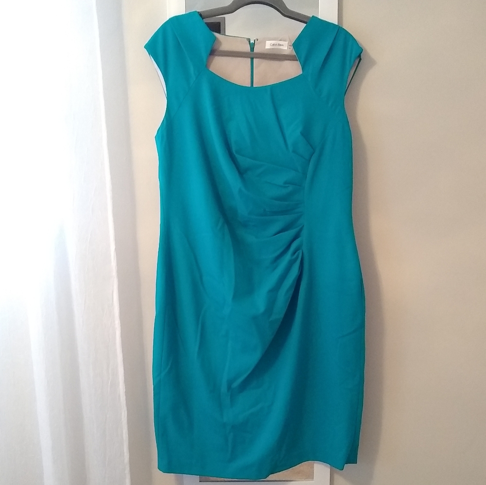 Calvin Klein Teal Capped Sleeve Sheath Dress 14W